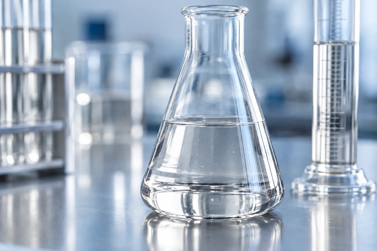 Illustrative sample of clear oil in a laboratory