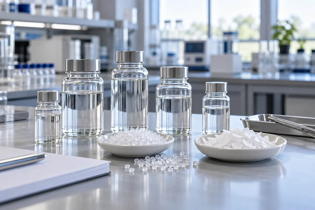 Illustrative samples of clear liquids and industrial raw materials