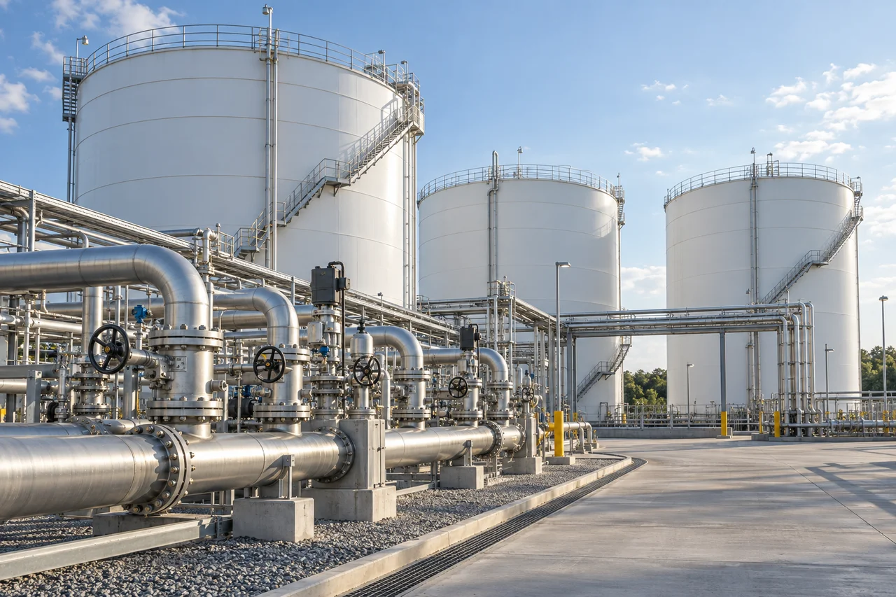 Illustrative view of pipes and valves beside large storage tanks