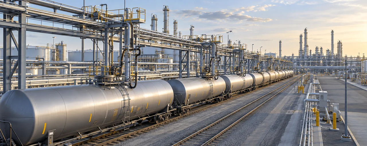 Illustrative view of an industrial dispatch center with rail tank cars