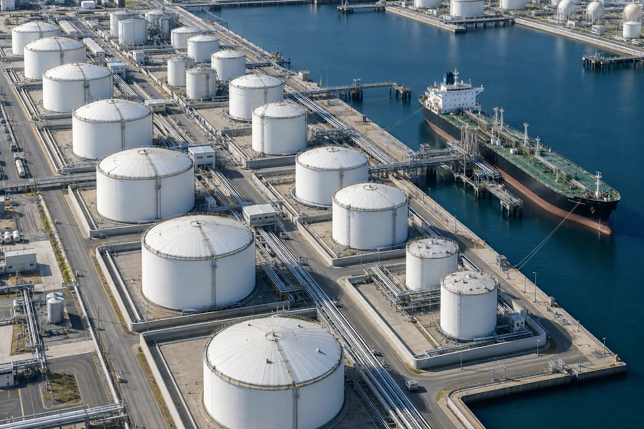 Illustrative aerial view of storage tanks beside a marine terminal