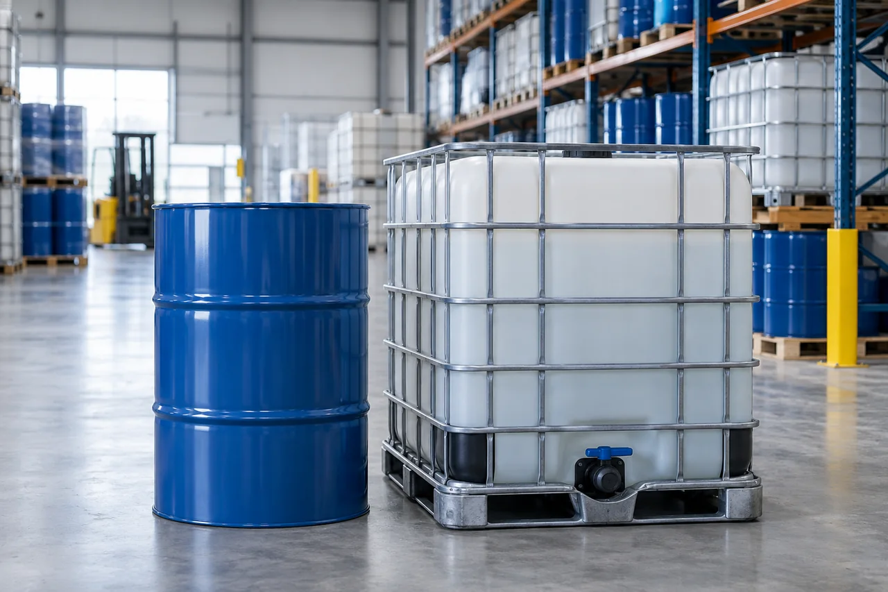 Industrial drum and IBC packaging in a warehouse