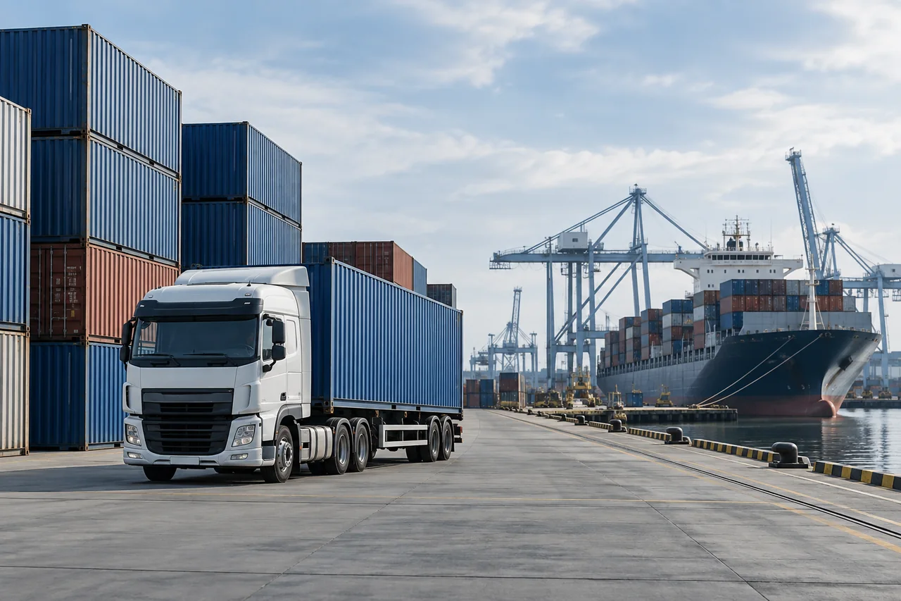 Escena ilustrativa de transporte intermodal en una terminal portuaria